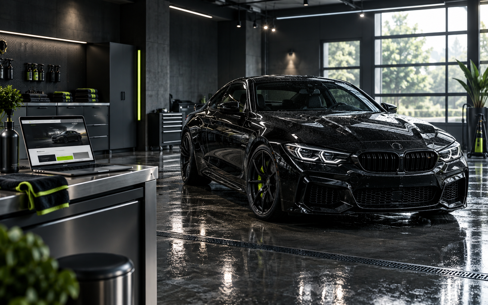 Black performance car in a modern detailing studio
